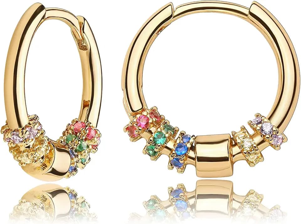 MEVECCO Rainbow CZ Huggie Hoop Earrings for Women, 18K Gold Plated Brass