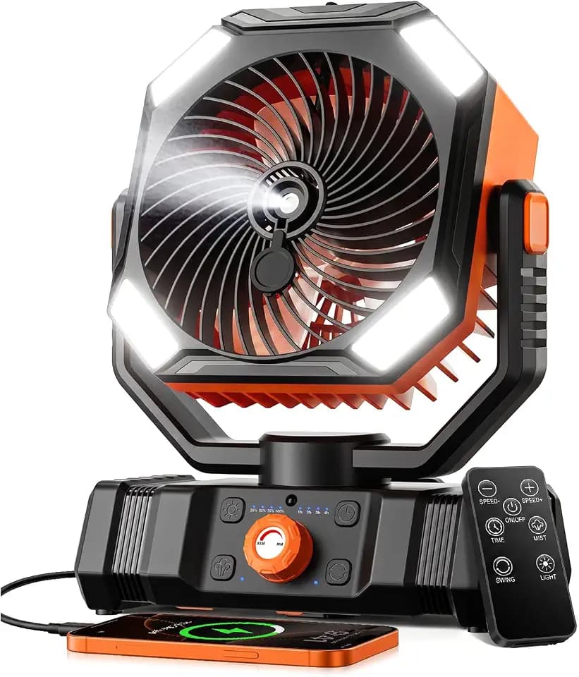 Portable Misting Fan with 20000mAh USB Rechargeable Battery, 250mL Water Tank & LED Lantern – Cooling Fan with Mister for Camping, Home, Tent, Beach, Picnic, Barbecue, Outdoor & Indoor Use