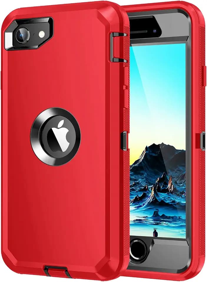 for iPhone SE 2022/2020 Case,[Built in Screen Protector] Heavy Duty Shockproof 3 Layers Full Body Protection Rugged Cover Case for iPhone SE(3rd/2nd Gen) 4.7",Red/Black