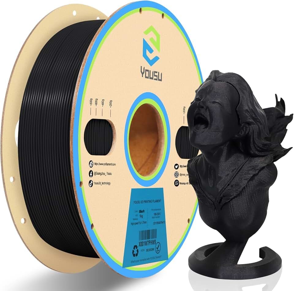 YOUSU Hochgeschwindigkeits 3D Drucker Filament, bis zu 600 mm/s Schnelles Drucken, 1,75 mm PLA-Filament, kompatibel mit Hochgeschwindigkeits 3D Druckern(Schwarz 1kg