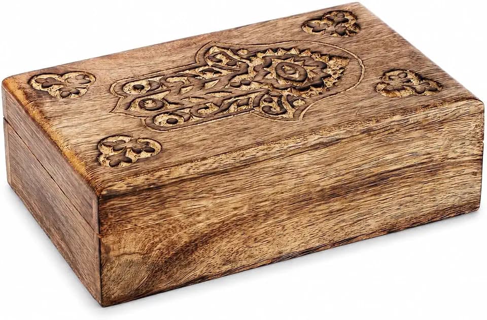 Ajuny Handgeschnitzte Schmuckbox aus Holz mit Hamsa-Motiv – Dekorative Aufbewahrungsbox, Vielseitiger Organizer, Reise Schatzkiste, Schmuckhalter und Geschenkidee für Frauen & Männer 8 × 5 zoll