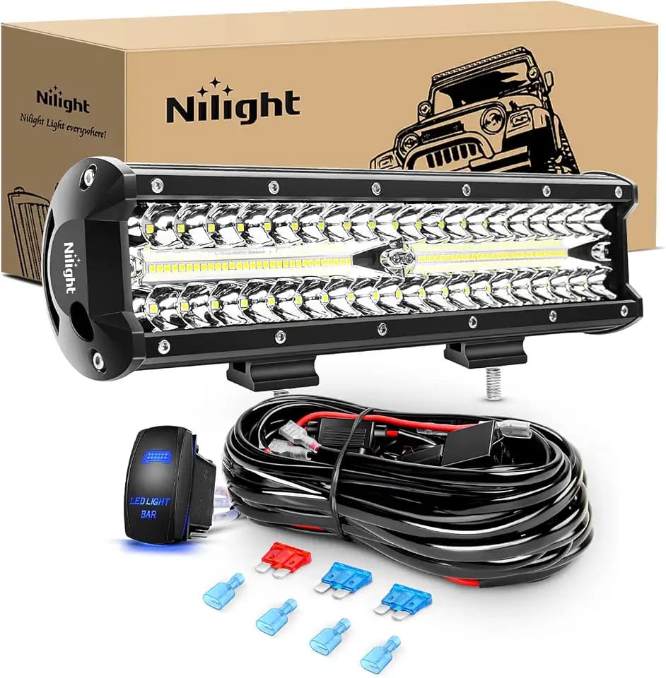 Nilight 12Inch 300W Triple Row Flood Spot Combo 30000LM Driving Boat Led Off Road Lights 16AWG Wiring Harness Kit-One Lead for Truck,2 Years Warranty