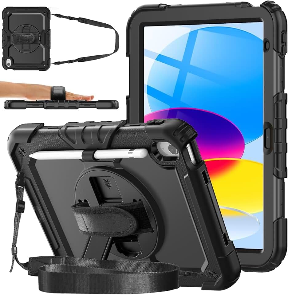 DAORANGE Hülle für iPad A16 11. Generation 11 Zoll 2025/iPad 10. Generation 10,9 Zoll 2022, Stoßfeste Schutzhülle mit Displayschutz, 360° Drehbar Ständer, Handgurt & Schultergurt (Schwarz)