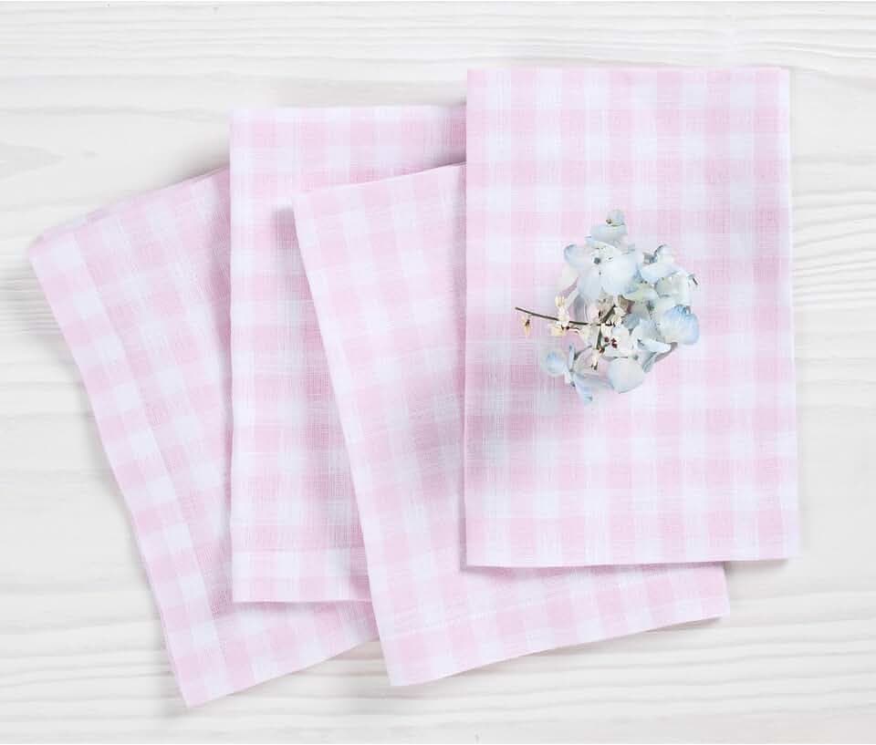 Solino Home 100% Pure Linen Dinner Napkins Pink Check, 20 x 20 in, Set of 4