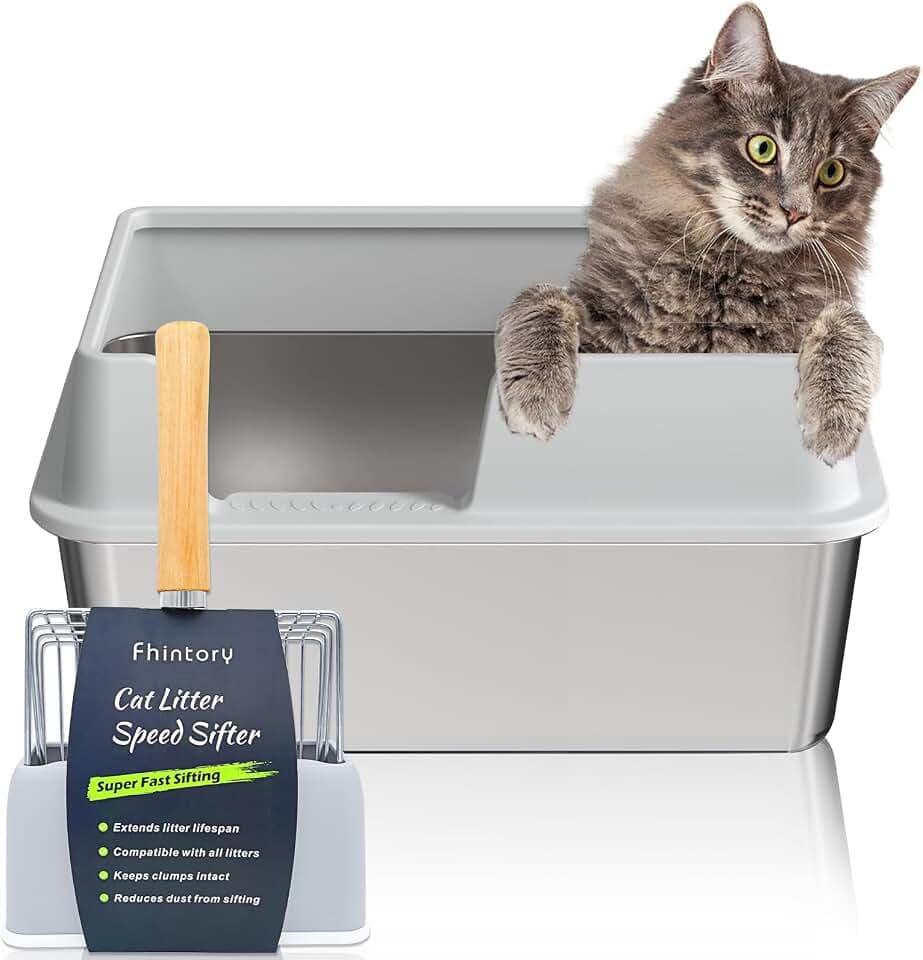 Katzenklo Edelstahl XXL, Stainless Steel Litter Box, Katzentoilette offene mit Metall Schaufel, Cat Litter Box hohem Rand, Katzentoilette Edelstahl, Katzenklo groß leicht zu reinigen-Grau Kratzfest