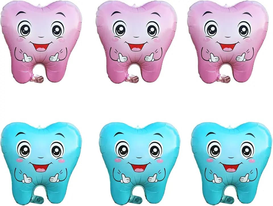 6PCS Pink Blue Tooth Shaped Foil Balloons Teeth Mylar Tooth Inflatable Balloons for Tooth Themed Birthday Party Decorations