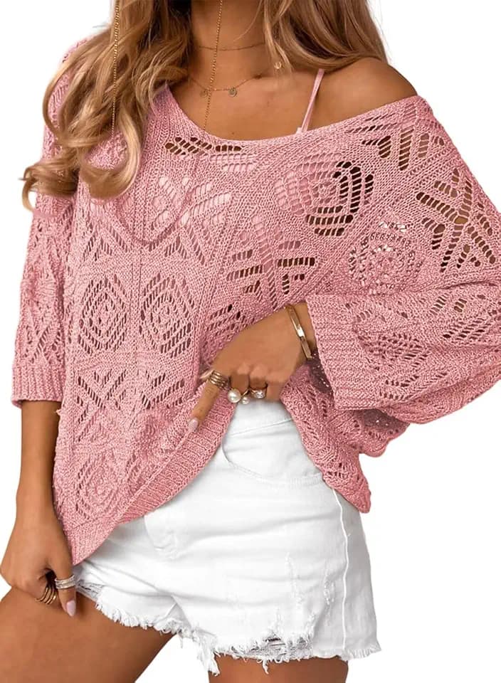 Dokotoo Women's 2026 Spring Summer Crochet Hollow Out 3/4 Sleeve Pullover Sweater Off Shoulder T-Shirts