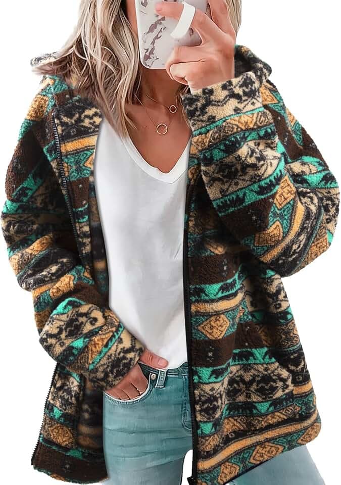 LUKYCILD Womens Western Aztec Print Zip up Hoodies Sherpa Fleece Sweatshirt