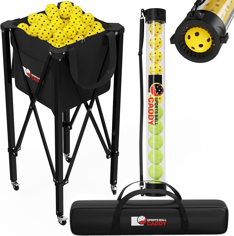 [2-in-1 Set] Tennis & Pickleball Hopper with Pickup Tube – Pickleball Caddy with Collapsible Metal Frame Ball Basket and Wheels & Carry Case – 120 Tennis Balls or 100 Pickleball Ball Holder (Pin)