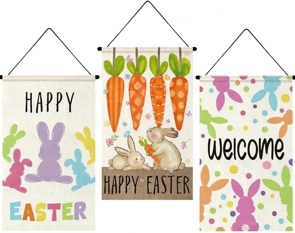 Tegeme 3 Pcs Happy Easter Door Sign Flag Welcome Easter Door Banner Bunny Wall Hanging Ornaments Flag for Party Holiday Outdoor Indoor Home Decoration