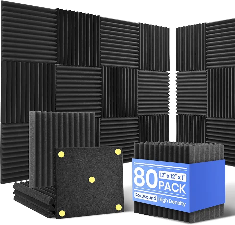 Focusound 80 Pack Sound Proof Foam Panels, 1" x 12" x 12" Acoustic Foam Panels for Wall High Density Soundproofing Wedge Panels for Music Studio Office Game Room with 540PCS Double-Side Adhesive