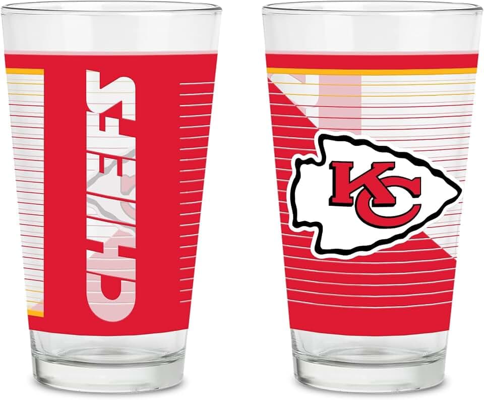 Rico Industries NFL Football Main 16 oz Pint Glasses with Digitally Printed Logo, Practical Set of 2 Classic Drinking Glasses, Dishwasher Safe