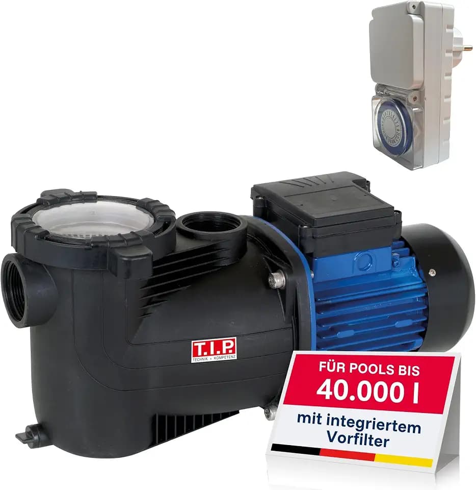 T.I.P. Poolpumpe Filterpumpe mit Timer & Vorfilter, 13.000 l/h, 40m³ Becken