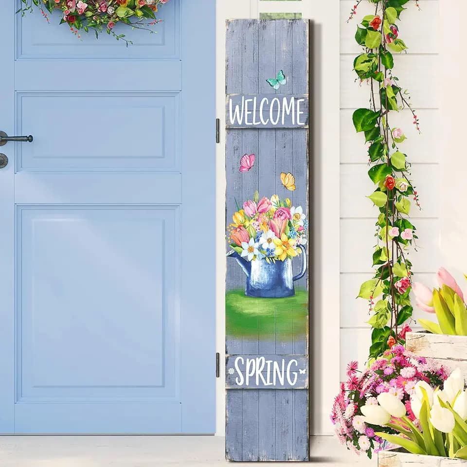 47" Spring Porch Sign Wooden Flower Butterfly Sign for Front Porch Spring Vertical Welcome Wood Signs for Front Standing Vertical Rustic Patio Door Decor for Farmhouse Door Home Entryway