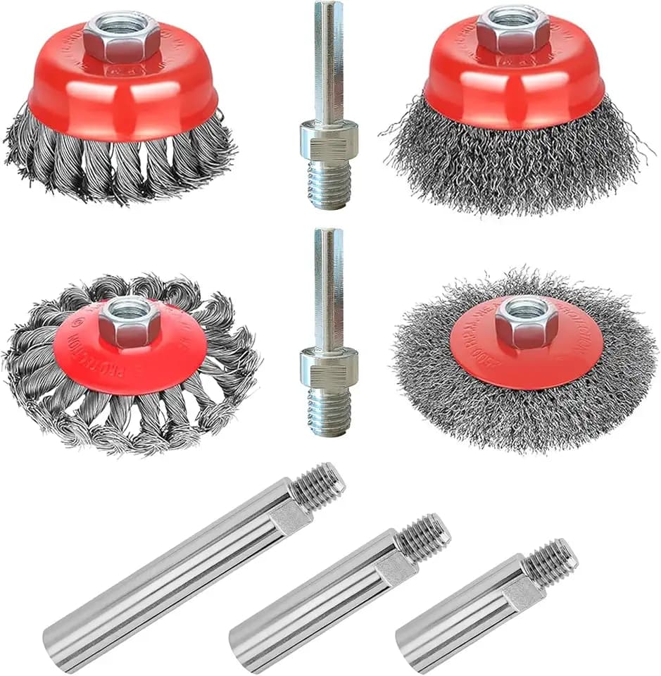 9 Pack Wire Wheel Brush kit with 5/8"-11 Thread Grinder Extension Rod & Drill Adapter,4" & 3" Wheel Cup Wire Brushes(Wire Wheel Set with Grinder Extension Rod & Drill Adapter)