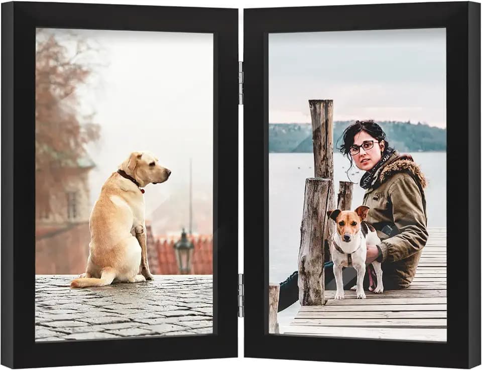 FOREV 4x6 Double Picture Frame Black Wooden Hinged Photo Frame