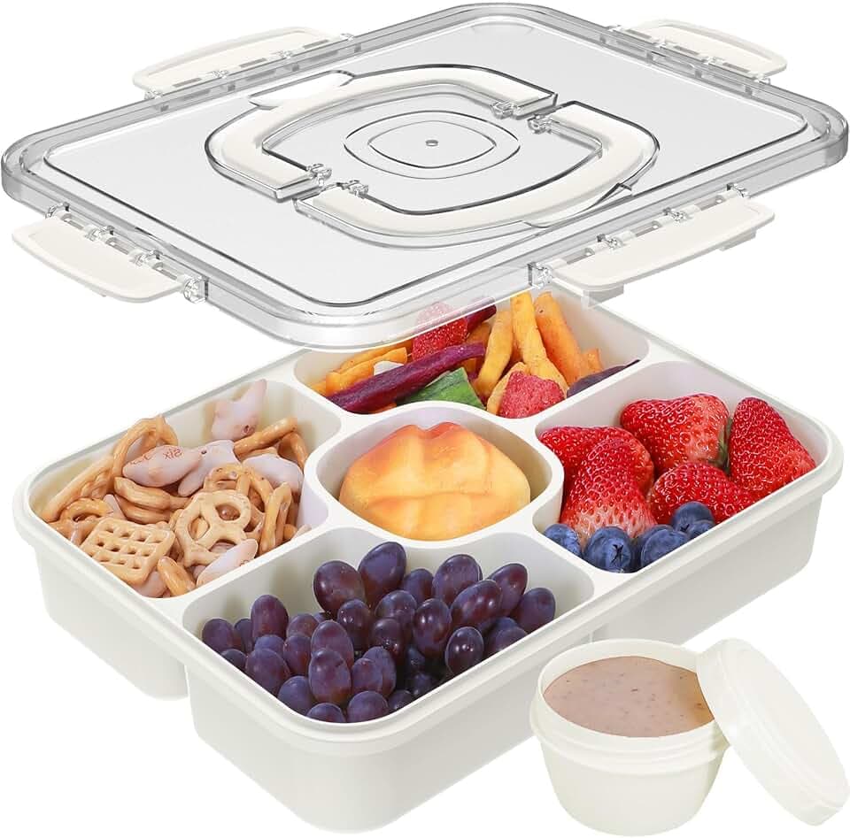 Caperci Divided Serving Tray with Lid, 5-Compartment Veggie Fruit Tray