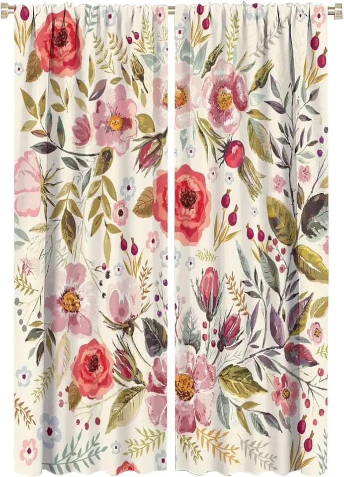 Floral Blackout Windows Curtains, Shabby Form Flowers Roses Petals Dots Leaves Buds Spring Season Theme Curtains, for Living Room Bedroom 52x84in 2 Panels