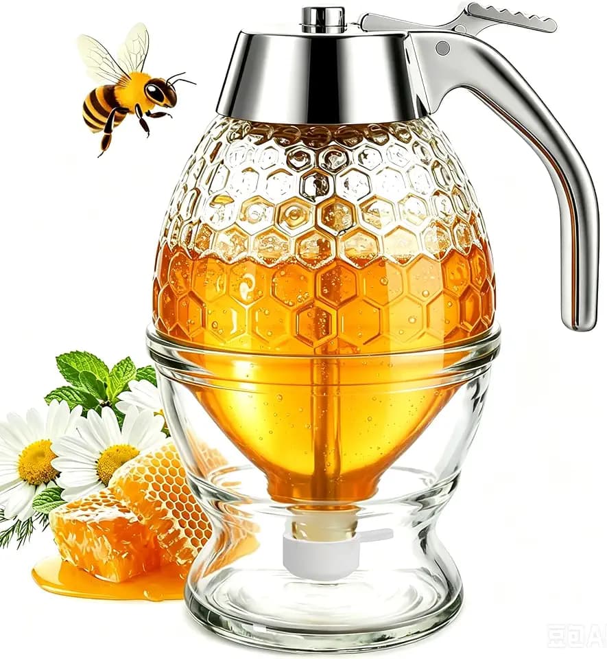 Timtopno Honey Dispenser No Drip, Glass Honey Container with Stand