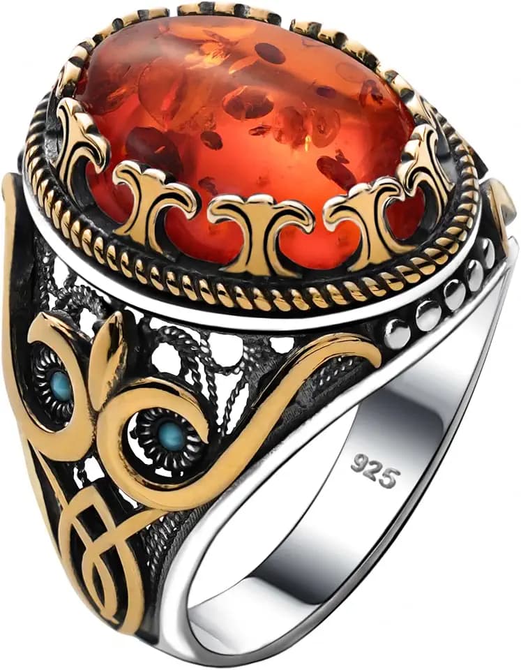 Alpha Rock Genuine Solid 925 Sterling Silver Accented with Bronze and Stone, Authentic Vintage Turkish Ottoman Style Ring for Men