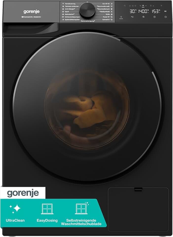 Gorenje W53G484A3P1B Waschmaschine mit Dampffunktion /8 KG /1400 U-Min/ConnectLife /15 Programme/UltraClean/AquaStop/SteamTech/30% besser als Energieeffizienzklasse A/Schwarz