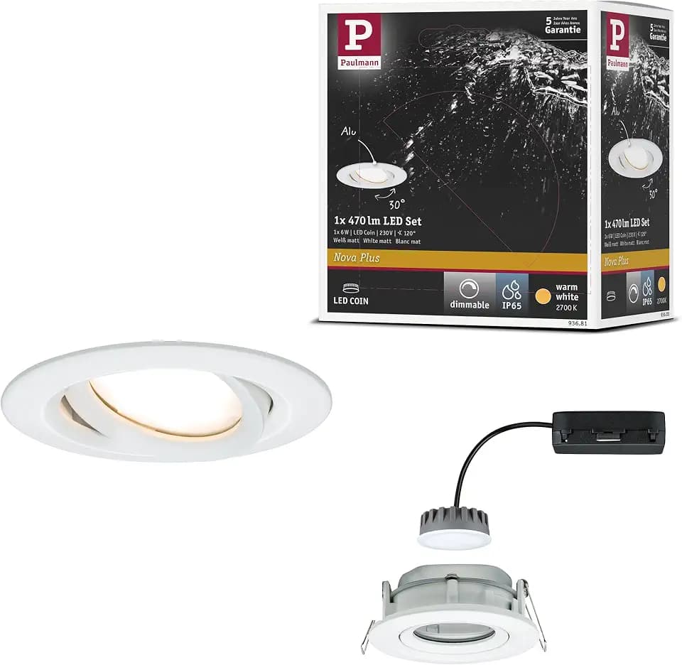 Paulmann 93681 Nova Plus LED Einbauleuchte rund schwenkbar 1x6,8W IP65 dimmbar Einbaustrahler Weiß matt Spot Aluminium Einbaulampe 2700K