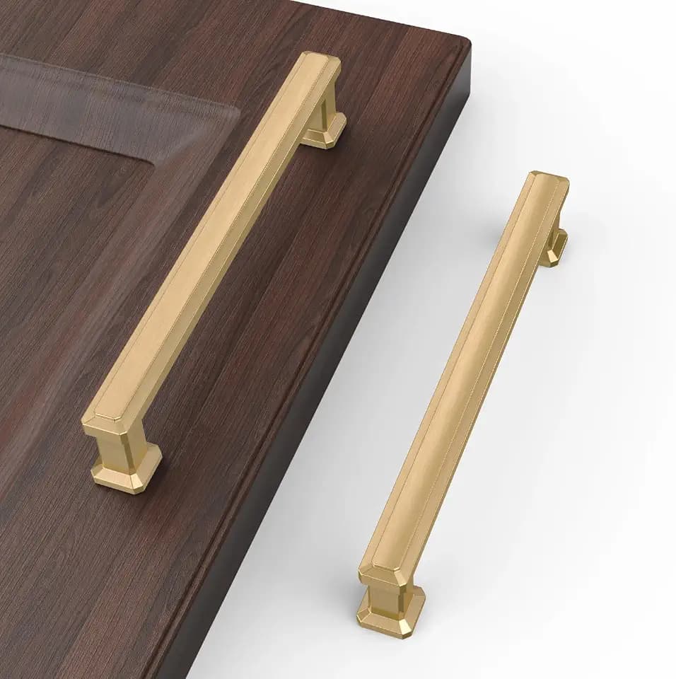 FURNIWARE 5 Pack 5"(128mm) Hole Center Champagne Bronze Stepped Kitchen Cabinet Pull Handles, Heavy Duty Brushed Gold Kitchen Cabinet Hardware for Bathroom Cupboard Drawer Pulls Dresser Pulls