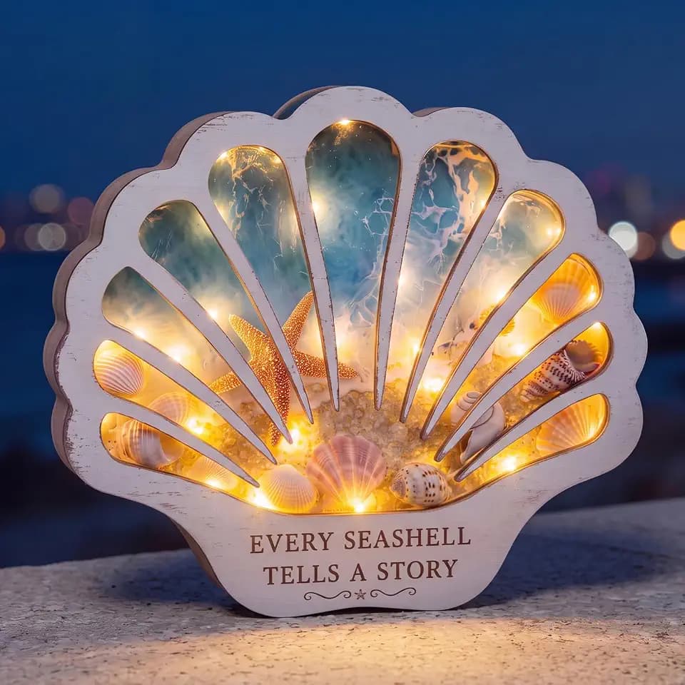 FoldTier Seashell Display Case with Lights Wooden Seashell Holder