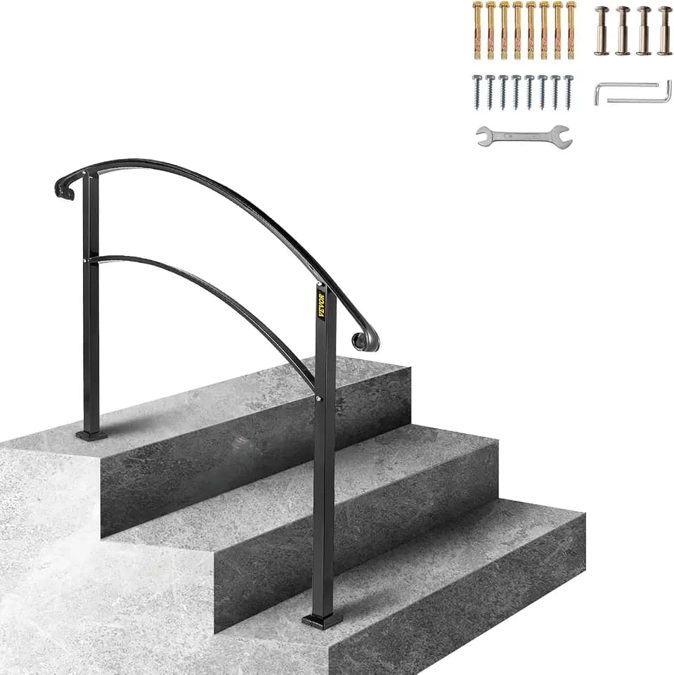 Happybuy Handläufe für Outdoor-Stufen, Fit 1 oder 3 Stufen Outdoor Treppengeländer, Schwarz Schmiedeeisen Handlauf, Flexible Front Veranda Handlauf, Übergangshandläufe für Betonstufen oder Holztreppen