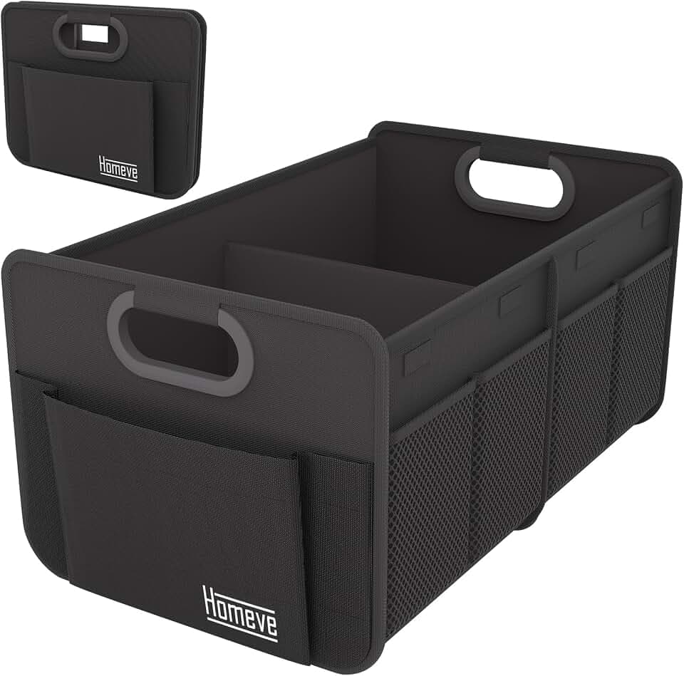 Homeve Car Trunk Organizer for SUV, Small Compact Size No-Sag Heavy Duty, 7 Pockets Foldable Waterproof Anti-Slip Storage, Fit Sedan, Truck, Front Seat, Universal Car Accessories, Black, 2 Compart