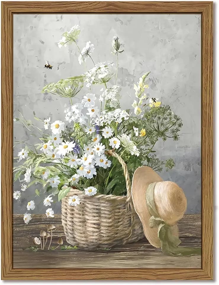 Framed Rustic Daisy Canvas Wall Art, Vintage Farmhouse Floral Pictures Wall Decor, Country Flower Botanical Paintings Prints Aesthetic Home Decor for Living Room Bathroom Bedroom 12X16 inch