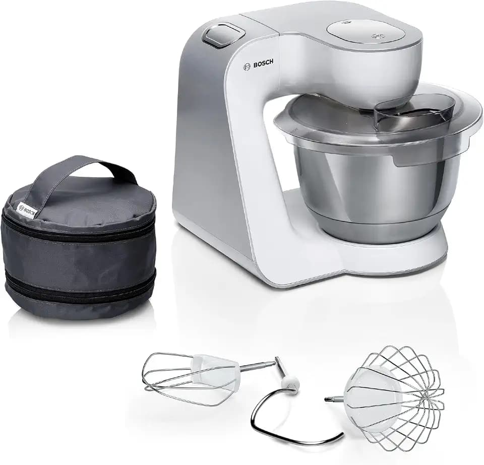 Bosch Küchenmaschine Serie 4, Knethaken, Rühr- & Schneebesen Edelstahl, Edelstahlschüssel spülmaschinenfest, 3D Rührsystem, weiß/silber, MUM58200