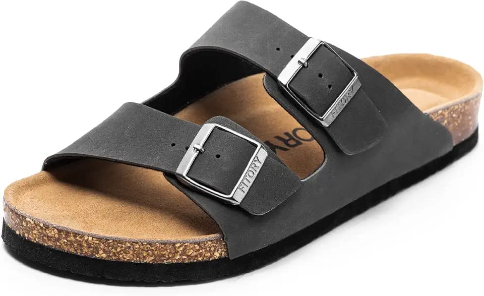 FITORY Mens Leather Insole Sandals with Two Buckles Open Toe Slides