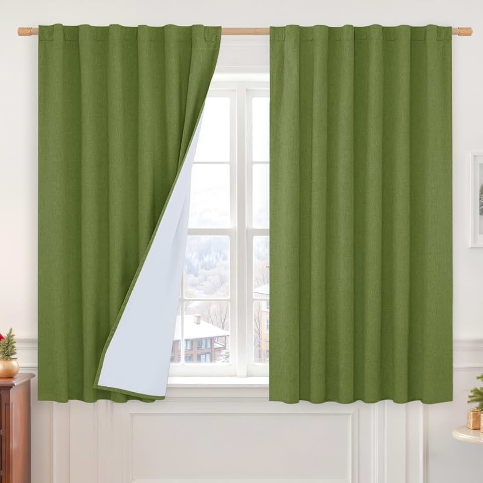 LAMIT 45 Inch Sage Green 100% Blackout Linen Curtains for Bedroom 2 Panels