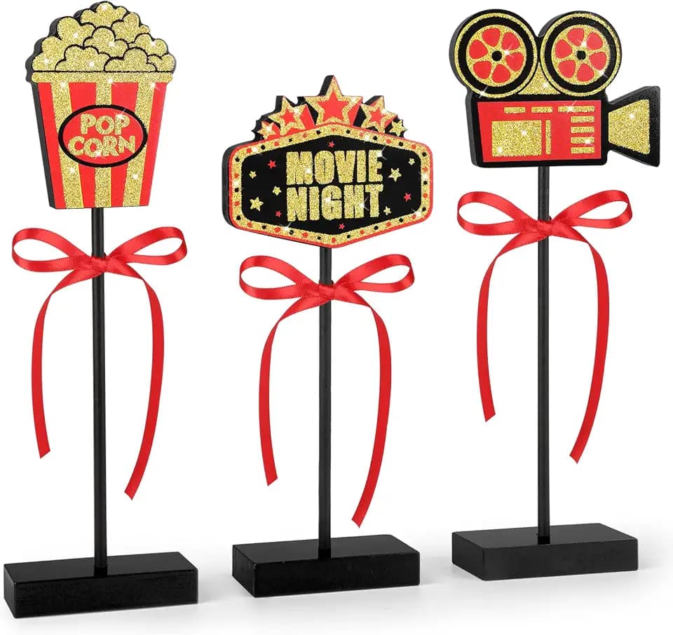 3 Pcs Movie Night Table Decorations Popcorn Projector Wooden Signs for Cinema Movie Time Birthday Party Decor (Shiny)