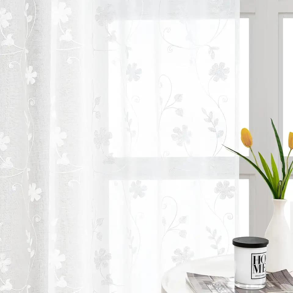 HOMEIDEAS White Sheer Curtains 84 Inches Long 2 Panels White Embroidered Floral Pattern Semi Sheer Window Curtains for Bedroom Living Room