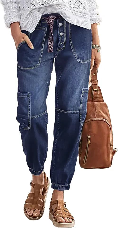 Flamingals Straight Leg Button Fly Jeans for Women Multi Pocket Mid Rise Jeans Without Belt Barrel Pants 27" Inseam Dark Blue L