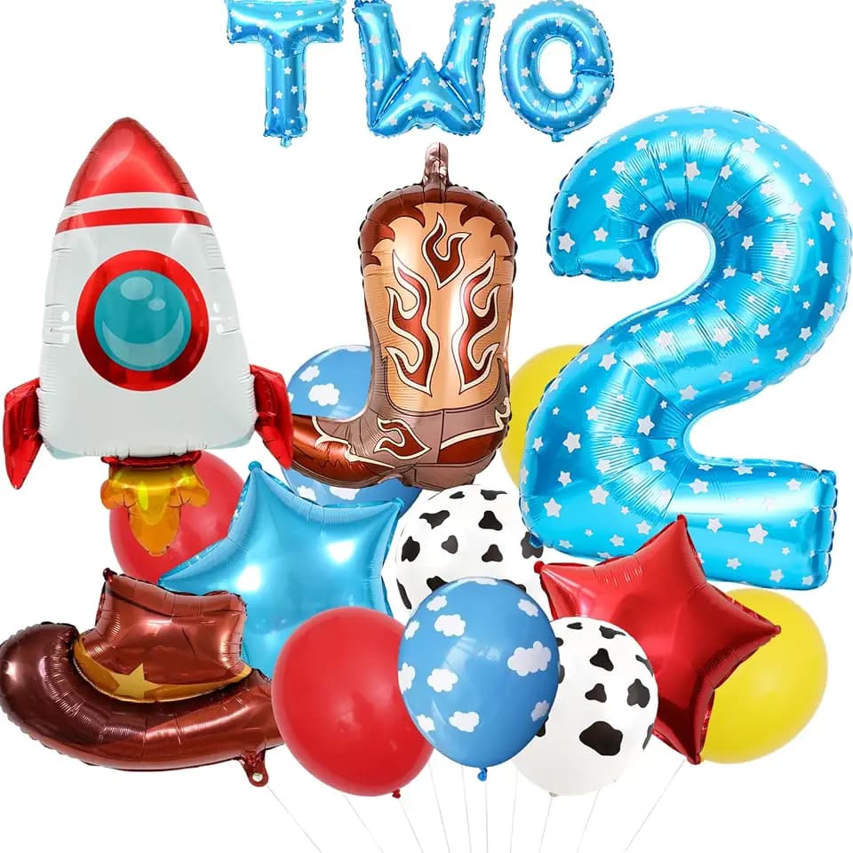 17pcs Cartoon Toy Themed Party Decorations, Number 2nd Boys And Girls Birthday Party Supplies, Cowboy Hat Boots Rocket Mylar Foil Balloon, Red Blue Yellow Balloons With Cow Print (2nd)