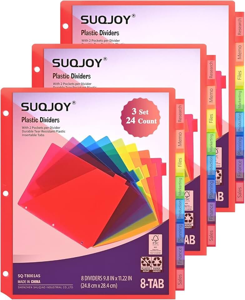 SUQJOY Binder Index Dividers with Tabs, 24 Count 3 Ring Binder Dividers with Pockets, 8 Tab Dividers for 3 Ring Binder, Plastic Sheet Protectors for US Letter Size, 8 Color Tab Dividers,3 Packs