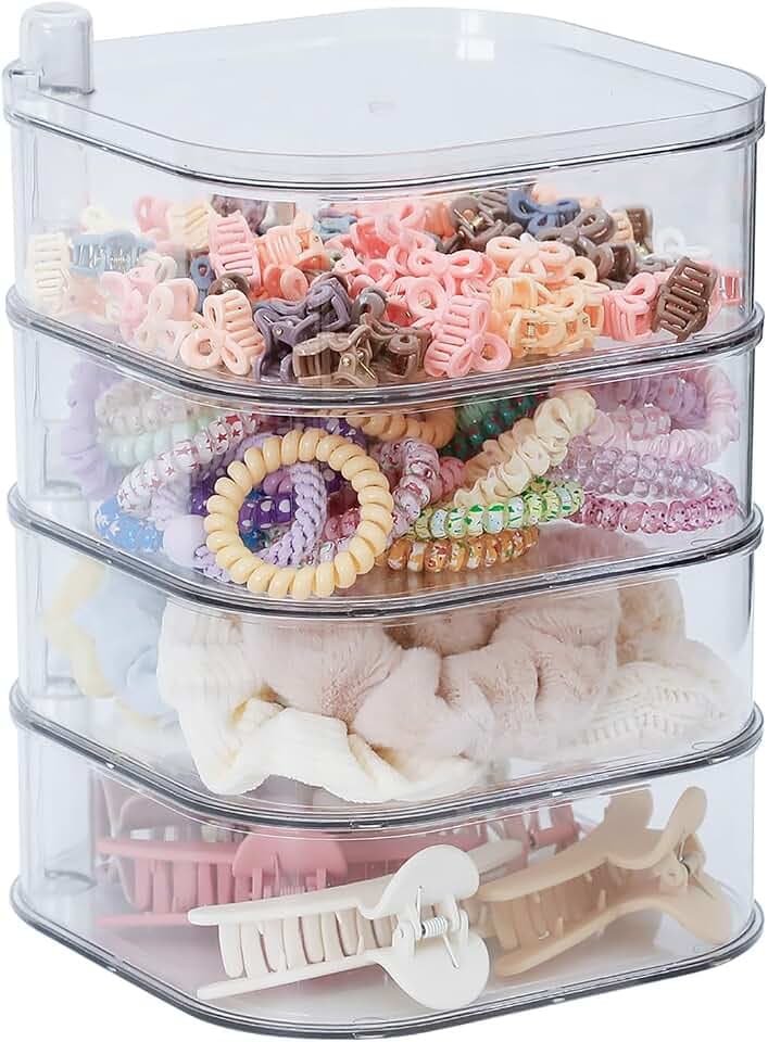 FABROK 4-Layer Girls Hair Tie Organizer, Stackable, Clear