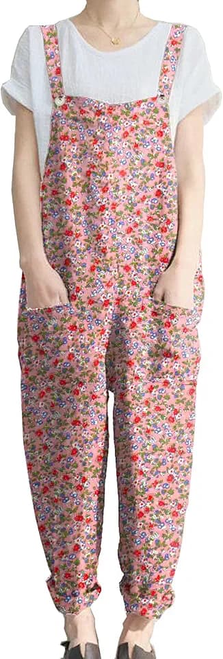 KMAZN Women's Casual Loose Long Cotton Bib Overalls Baggy Plus Size Jumpsuits Rompers