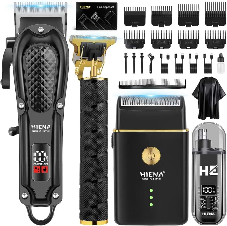 HIENA PRO Professionell Haarschneidemaschine Set für Männer, Schnurloses Haarschneider, Barttrimmer, Folienrasierer, Nasentrimmer Set, Komplettes Elektrischer Haarschneide-Kit mit 8 Führungskamm