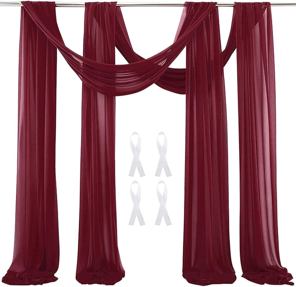 Hochzeit Bogen Sheer Vorhänge Hintergrund, 600x75cm Voile Vorhang Chiffon Drapierung, Tüllstoff Vorhänge Arbor Draperie für Hochzeitszeremonie Empfang Party Deckendekor, Weinrot, 2 Panels