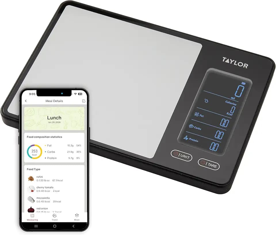 Taylor 5340117 Smart Food Scale with Precision Hub App, Digital Kitchen Scale for Macro Tracking and Calorie Logging, 11 lb Capacity, Measures Grams, Ounces & Liquids, Batteries Included