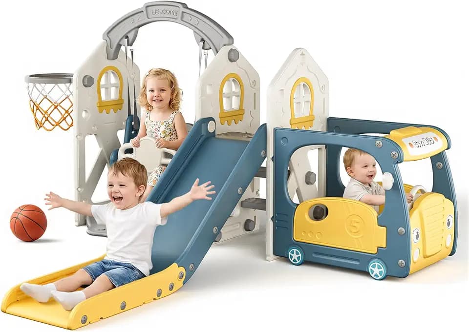 BIERUM 5-in-1 Bus Themed Toddler Slide Swing Set for Kid 1-3 Home/Backyard