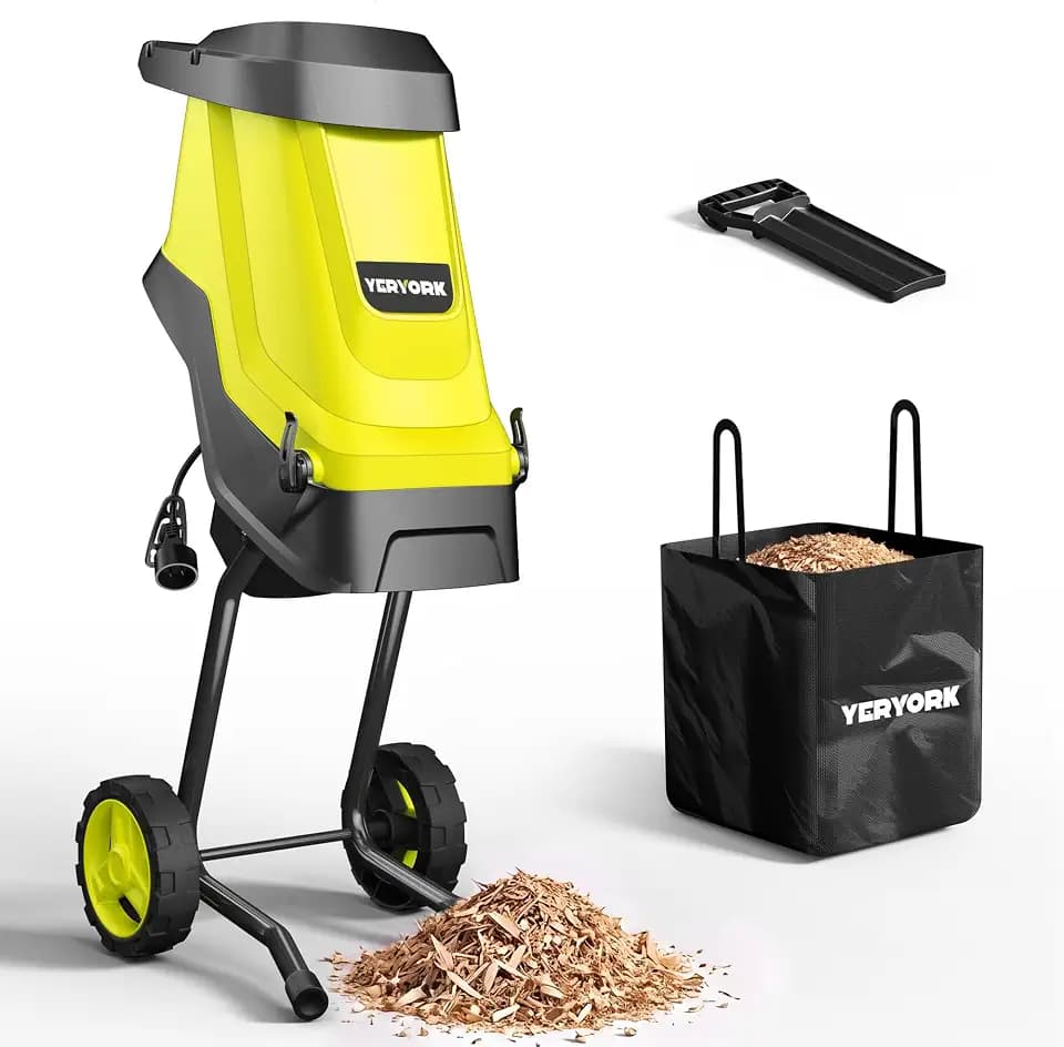 Yeryork 15-Amp Wood Chipper, 21:1 Reduction Electric Wood Chipper & Shredder, 1.8" Cutting Capacity with 48L Collection Bag, Powerful Mulcher for Composting Branches & Yard Waste(Fluorescent Green)
