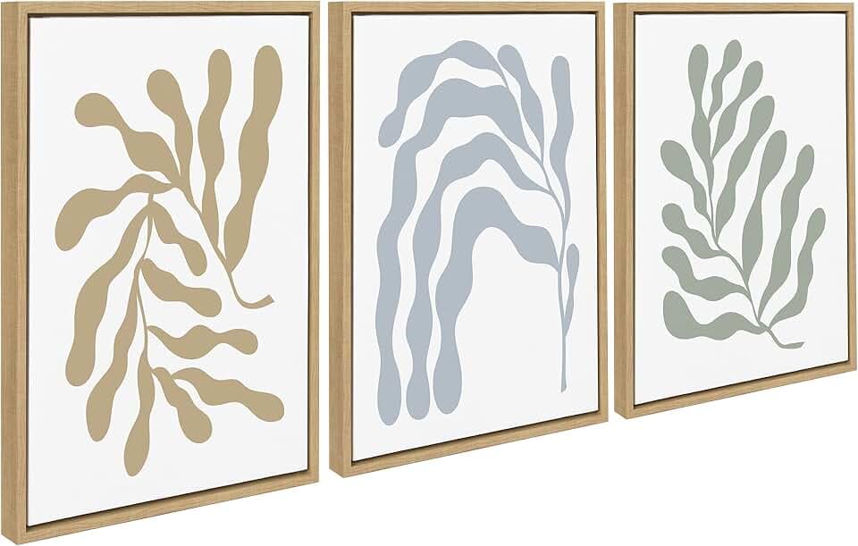 Kate and Laurel Sylvie Matisse Inspired Abstract Botanicals Framed Canvas Wall Art Set by The Creative Bunch Studio; 3 Piece 18x24 Natural; Colorful Modern Abstract Plant Art