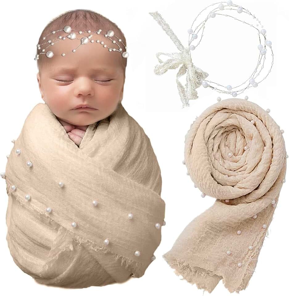 2 PCS Requisiten Fotografie Wrap Kit, Neugeborene Fotografie Requisiten, Handgefertigte Beige Perle Wrap Decke für Foto-Requisiten mit Weißen Perle Stirnband