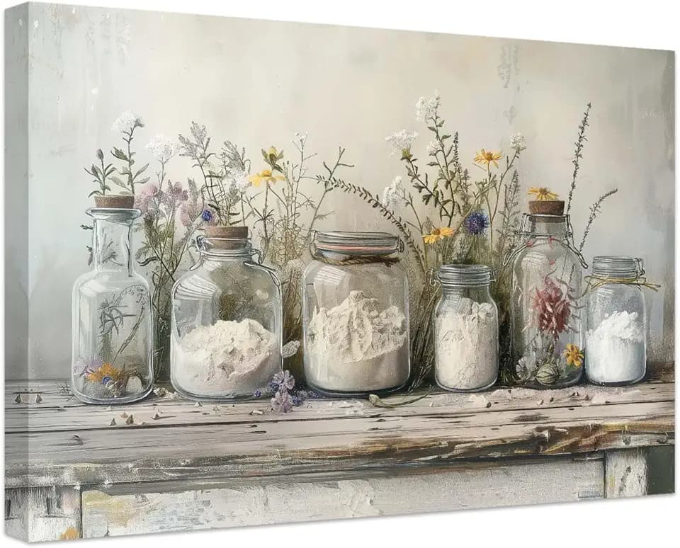 SWQYLB Country Farm Kitchen Wall Art Spice Pictures Mason Jar Still Life Painting Culinary Canvas Art Wildflower Prints Dining Room Home Decor Framed (12.00" x 18.00")