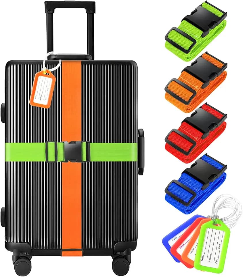 Gostwo 8 Pack Luggage Straps and Tags Set - 4 Straps, 4 Tags, Suitcase Belt
